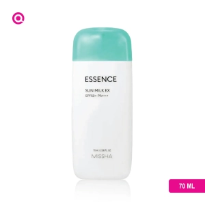 Missha Essence Sun Milk Ex SPF50+PA+++ with sunlight and beach in the background.-03