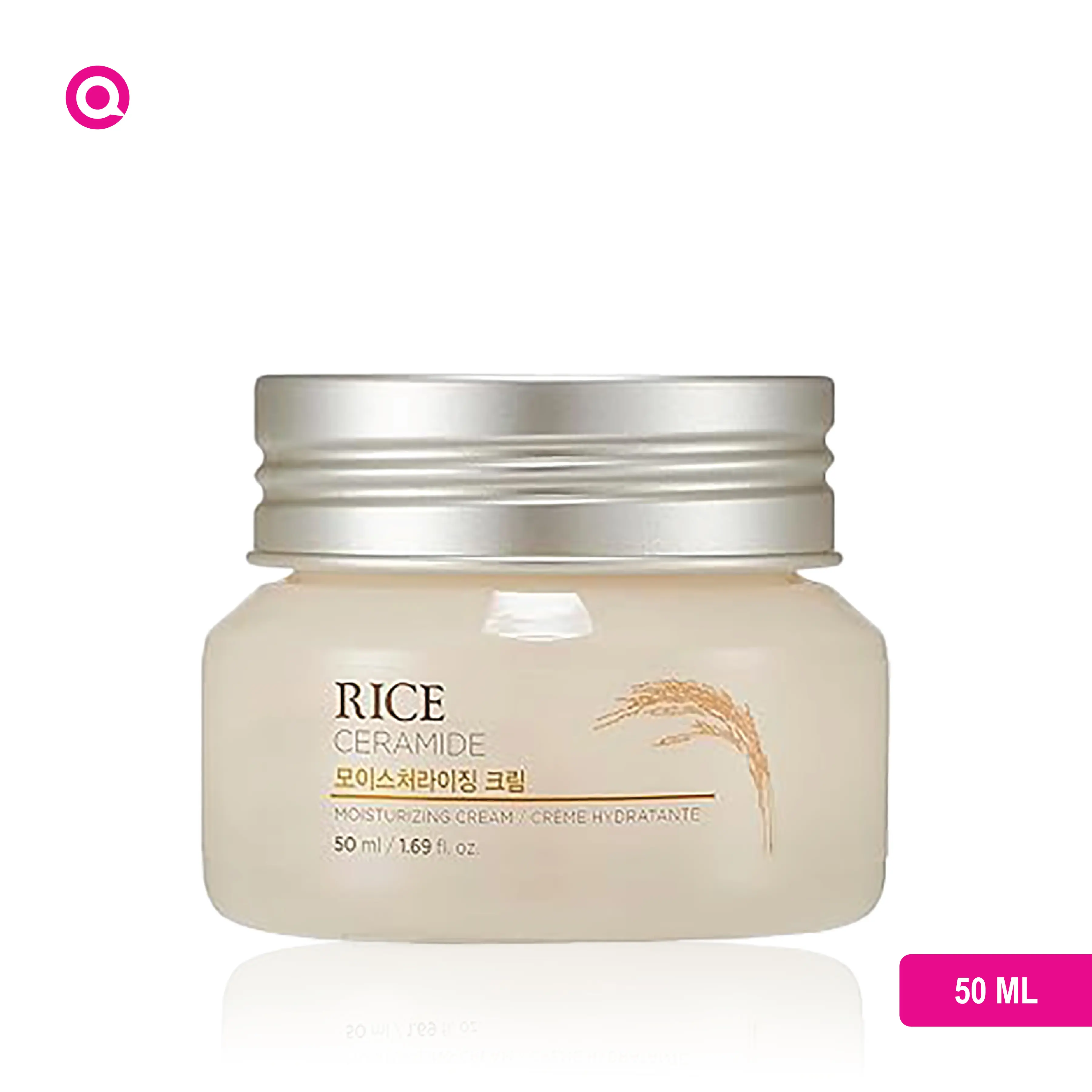 The Face Shop Rice Ceramide Moisturizing Cream in a white jar with rice grains, representing deep skin hydration.-01