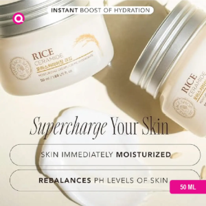 The Face Shop Rice Ceramide Moisturizing Cream in a white jar with rice grains, representing deep skin hydration.-02