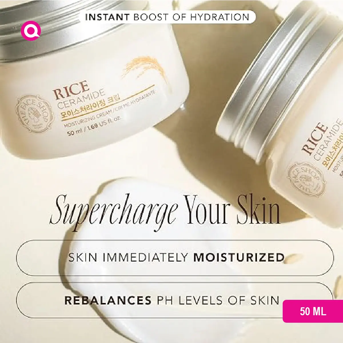 1102003.02 The Face Shop Rice Ceramide Moisturizing Cream in a white jar with rice grains, representing deep skin hydration.-02