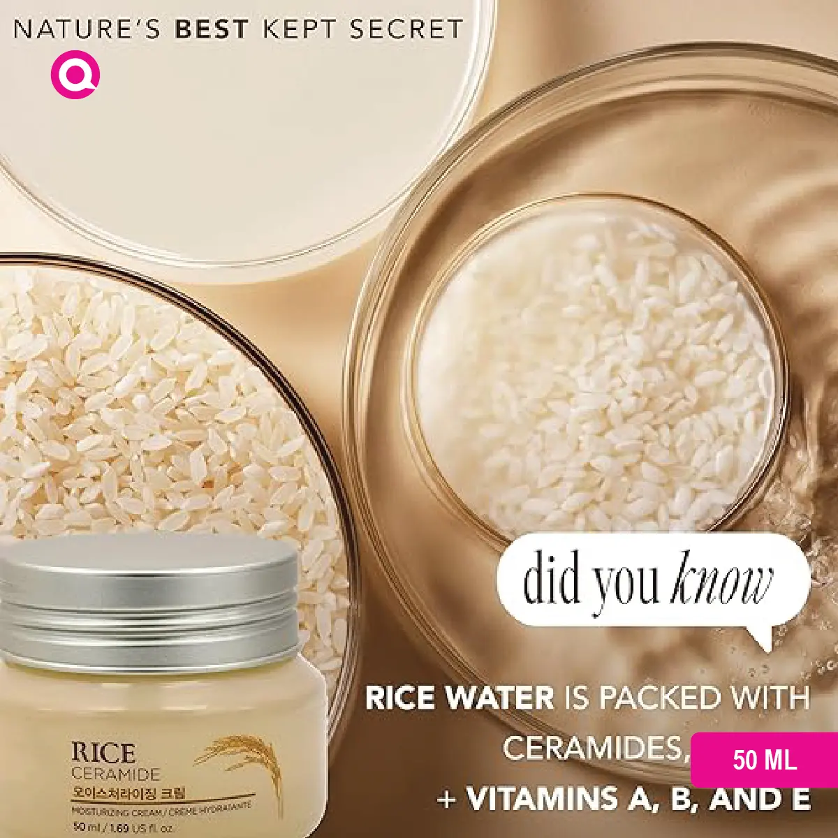 1102003.03 The Face Shop Rice Ceramide Moisturizing Cream in a white jar with rice grains, representing deep skin hydration.-03