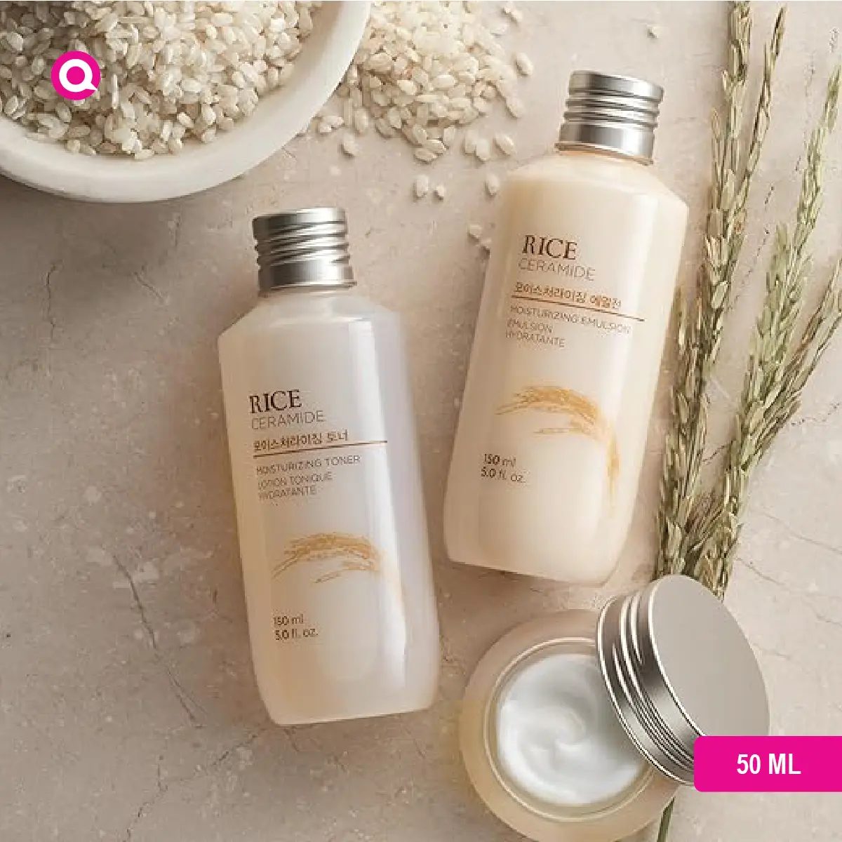 1102003.04 The Face Shop Rice Ceramide Moisturizing Cream in a white jar with rice grains, representing deep skin hydration.-04