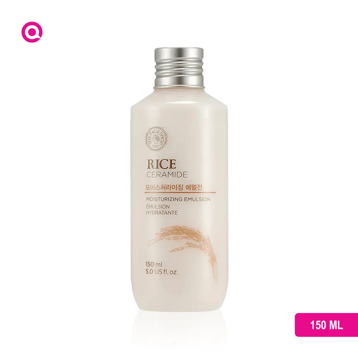 A bottle of The Face Shop Rice Ceramide Moisturizing Emulsion representing hydration, nourishment, and softness for the skin.-01