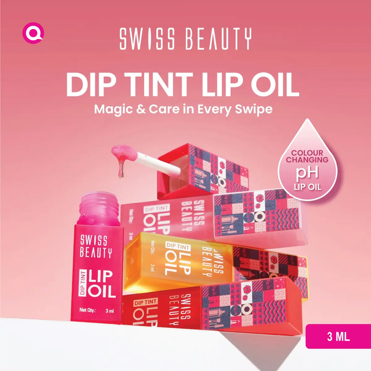 1099053.04 Swiss Beauty Dip Tint Lip Oil - Dragon Fruit bottle with vibrant pink tint and nourishing shine.-04